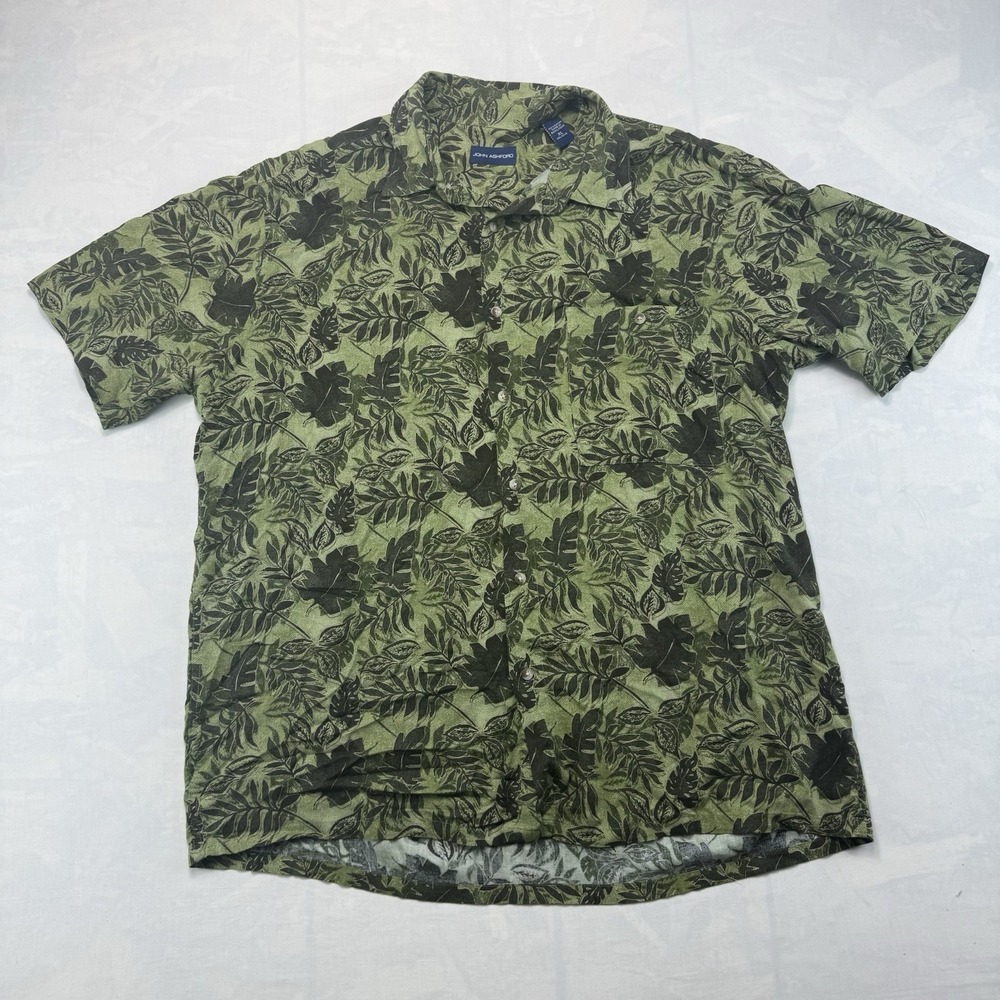 John Ashford Rayon Shirt Mens XL Green Tropical Leaf Button Up